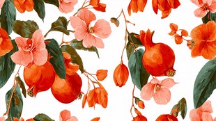 石榴花卉图案水彩插画