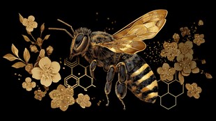 金色蜜蜂与花卉梦幻插画