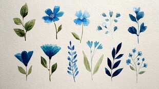 蓝色手绘花卉植物素材