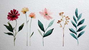 手绘清新花卉与绿叶图案