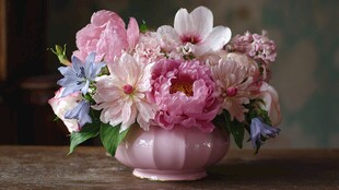 粉色花瓶中的缤纷花卉