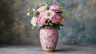 粉色花瓶插满多彩鲜花