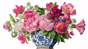 青花瓷瓶中的多彩花卉