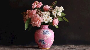 粉色花瓶中的缤纷花卉