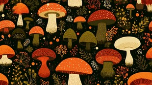 多彩蘑菇与植物无缝图案