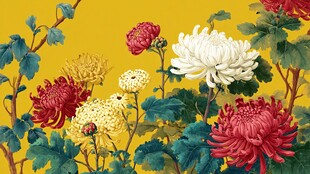 多彩菊花绽放于黄背景中