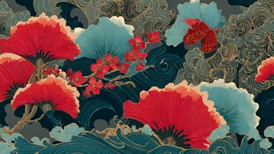 中式古风花卉海浪图