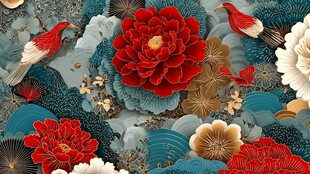 中式花鸟繁花国风插画