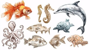 水彩海洋生物集合