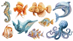 海洋生物水彩插画集合