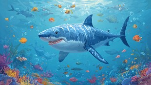 鲨鱼畅游缤纷海底世界