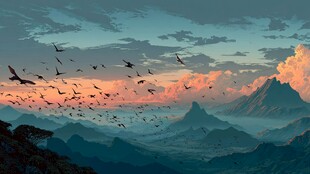 飞鸟翱翔于壮丽山峦天际