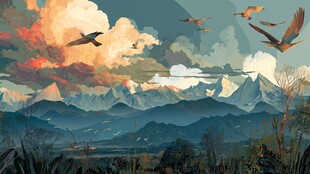 飞鸟翱翔于壮丽山川之间