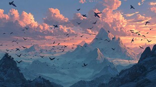 黄昏群鸟绕山壮丽美景