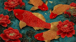 锦鲤戏牡丹 中式祥瑞图景