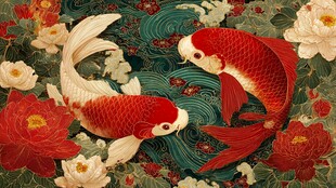 双锦鲤戏于繁花碧波间