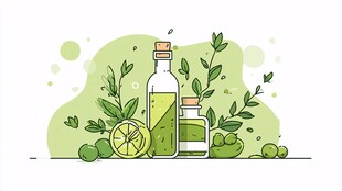 清新绿植与瓶中绿色液体