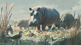 河马群栖于湿地自然场景