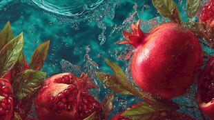 水中红石榴与绿叶的美景