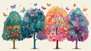 多彩梦幻树木与飞舞蝴蝶