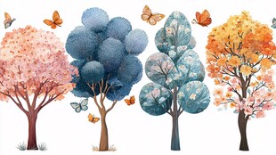 四季树木与飞舞蝴蝶插画
