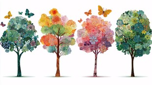 多彩树木与飞舞蝴蝶画面