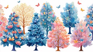 梦幻多彩树木与纷飞蝴蝶