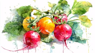 水彩绘多彩萝卜与番茄