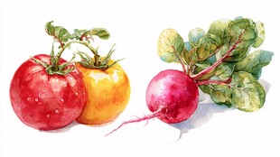 水彩绘番茄与萝卜