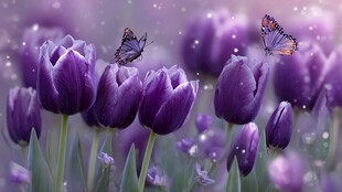 紫色郁金香与蝶的梦幻场景