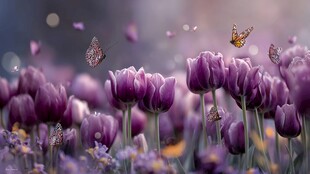 梦幻紫郁金香与蝶舞场景