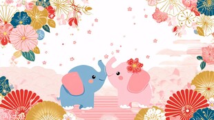 小象情侣浪漫花卉背景图