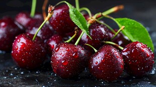 新鲜欲滴的带叶樱桃