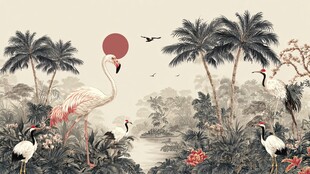 热带风情 火烈鸟与仙鹤同框