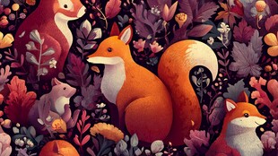 森林中的多彩松鼠与狐狸