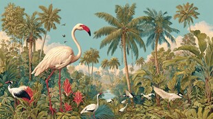 热带丛林中的火烈鸟与群鸟