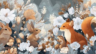 森林动物与繁花梦幻场景