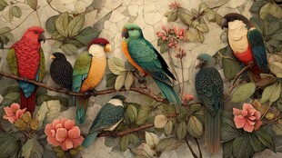 枝头彩鹦与繁花