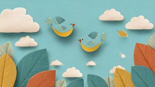 蓝天飞鸟与多彩树叶图景