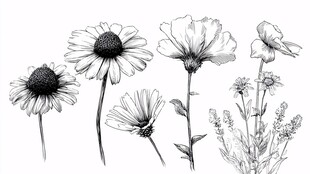 手绘花卉植物线稿图