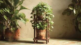 三层花架上的繁茂绿植