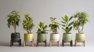 一排多彩盆栽植物展示