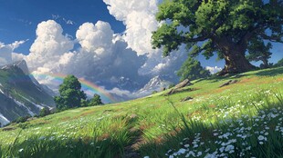 山间彩虹下的绿野风光