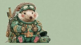 穿着迷彩服的可爱小刺猬