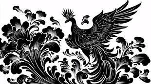 凤凰花卉黑白艺术图案