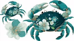 蓝绿花卉螃蟹插画素材