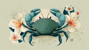 蓝蟹伴白花的清新插画