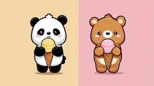 熊猫与小熊甜蜜吃冰淇淋