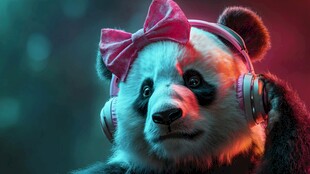 时尚熊猫戴耳机与蝴蝶结