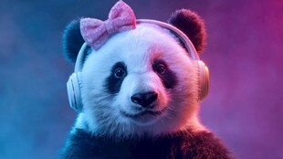 戴耳机萌趣熊猫头戴粉蝴蝶结